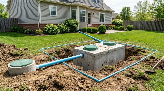 Residential septic tank system installation in a backyard