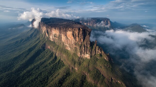 Aerial view of Mount Roraima tepui plateau in Venezuela with clouds