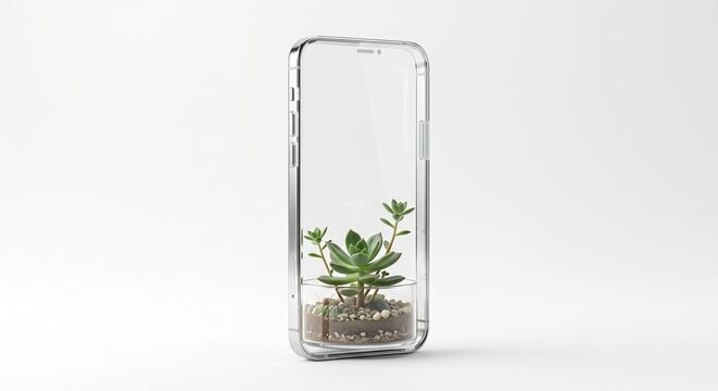 Sleek modern smartphone clear glass small green plant growing inside