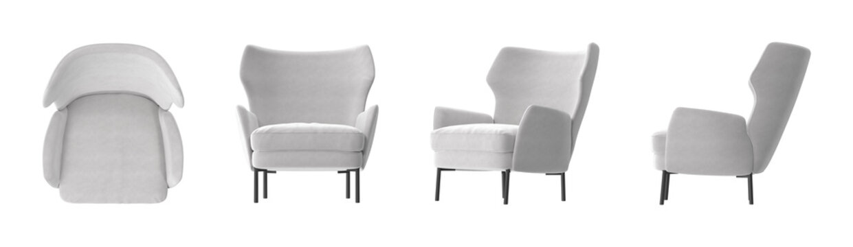 Modern light gray armchair with high back and slim black legs