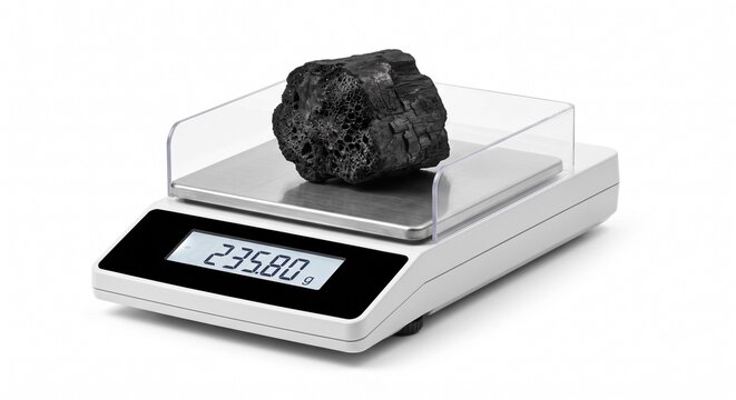 Black porous carbon chunk weighed sleek modern digital scale white