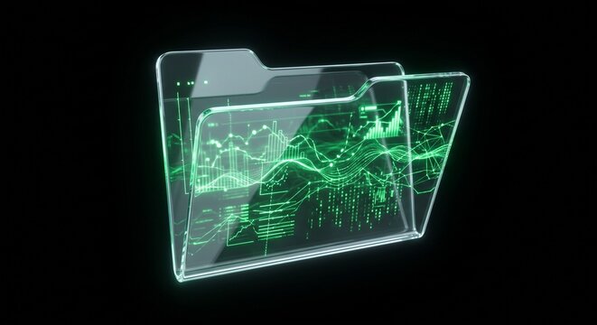 Translucent glass document folder glowing green digital data lines dark