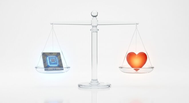 Minimalist glass scales justice balancing glowing silicon chip human heart
