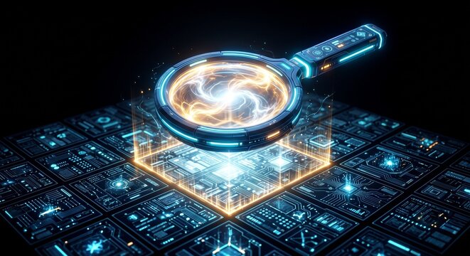 Futuristic glowing magnifying glass hovering grid abstract digital code blocks