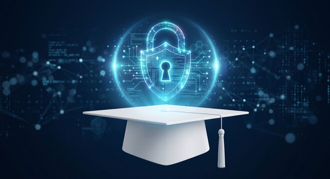 Glowing digital lock hovering minimalist white graduation cap blue background