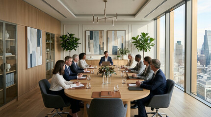 Obraz premium Boardroom Meeting: Diverse Team Discussing Strategy by Panoramic City View