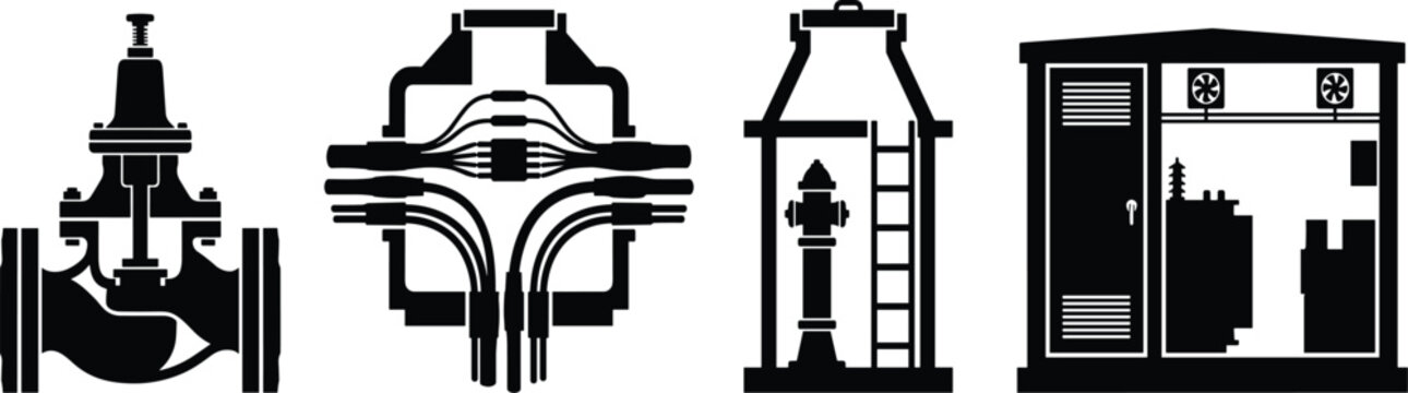 Industrial utility infrastructure icon set with pipeline control valve cable junction box fire hydrant and substation vectors