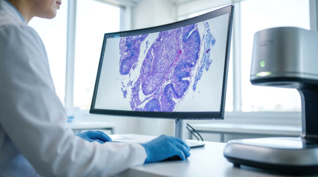 Digital pathology scan medical monitor tissue sample biopsy analysis laboratory research clinical diagnosis microscope image healthcare technology