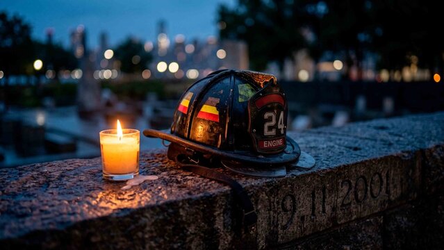 Firefighter helmet and candle at a September 11 memorial