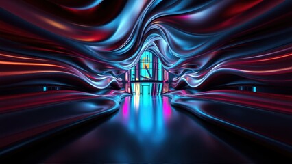 Fototapeta premium Abstract tunnel glows. Vibrant blues, reds create flowing lines. Dramatic lighting emphasizes depth, symmetry. Futuristic design evokes energy, motion.