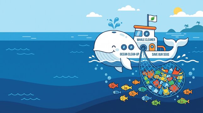 Cute Whale Clean-Up Boat Collecting Plastic Waste in Ocean Illustration