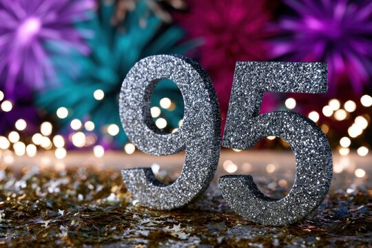 Festive celebration background featuring glittery silver number 95 surrounded by sparkling confetti and colorful blurred lights for milestone events
