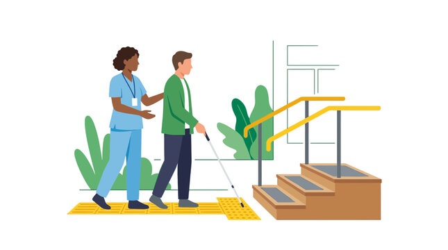 Therapist helping blind man with cane to navigate stairs in rehabilitation center