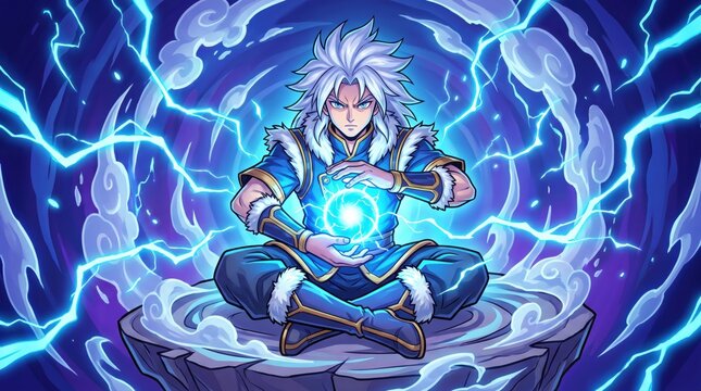 Meditating warrior summoning blue lightning energy in a mystical fantasy setting