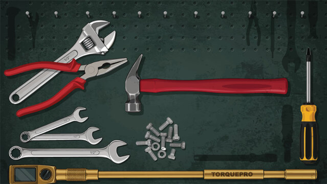 collection of tools on a pegboard  various equipment for repair and construction work