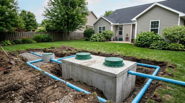 Installation of a new concrete septic tank system in a residential backyard