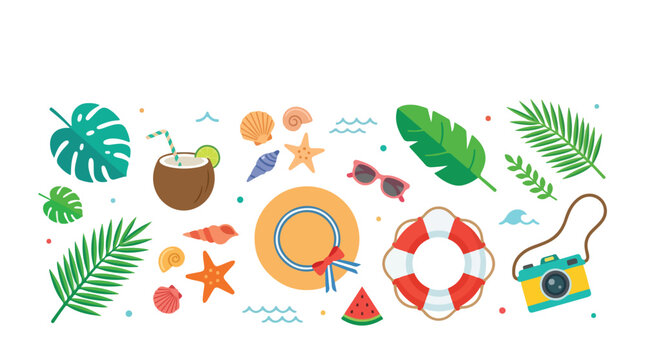 This vibrant vector illustration features a collection of summer vacation icons, including palm leaves, beach gear, and tropical drinks.