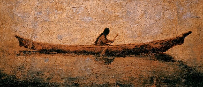 Native American Paddling Canoe on Textured Water Journey