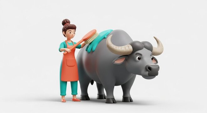 Cheerful Girl with Cartoon Water Buffalo Character Illustration.