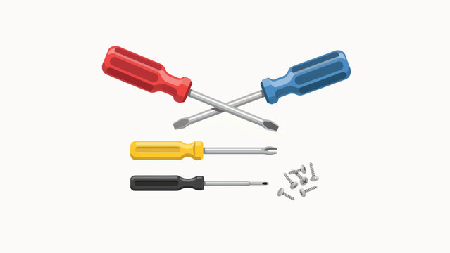Colorful screwdrivers and screws isolated on light gray background