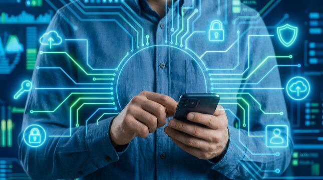 Mobile security concept person using smartphone with digital protection network overlay