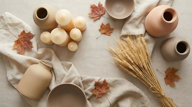 Cozy autumn home decor objects and natural elements arrangement