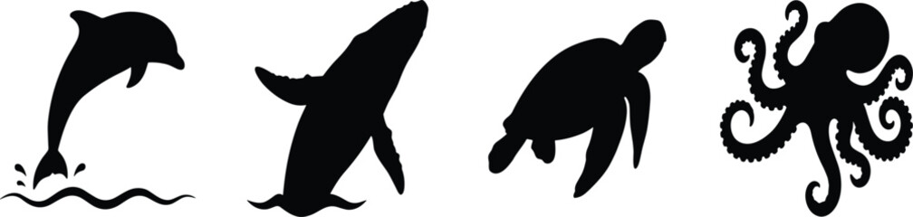 Marine life sea animals black silhouette set with jumping dolphin whale sea turtle and octopus isolated on white background © Mdjoshelahamed4400 