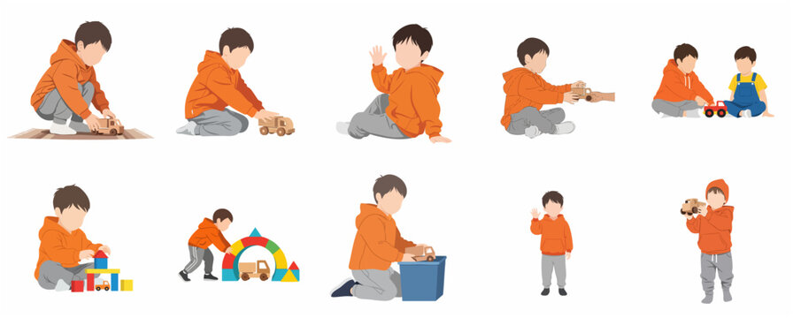 Vector illustration set of a little boy wearing an orange hoodie playing with wooden trucks and colorful blocks, showing various poses and activities of a child in flat design.