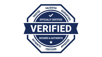 Obraz premium Blue octagonal verified stamp seal with text and checkmark icon.