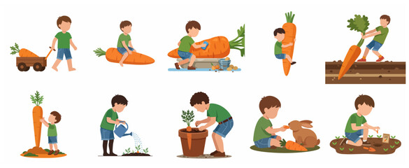 Fototapeta premium Vector illustration set of a young boy character gardening, planting, harvesting, and playing with giant carrots
