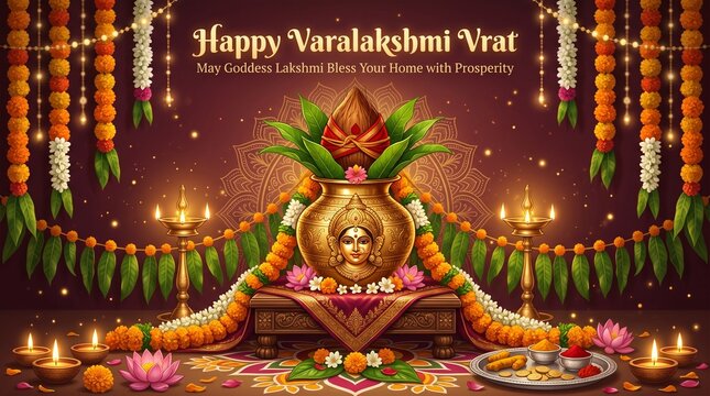 Festive varalakshmi vrat celebration with traditional goddess idol decorated with flowers diyas and auspicious symbols for prosperity