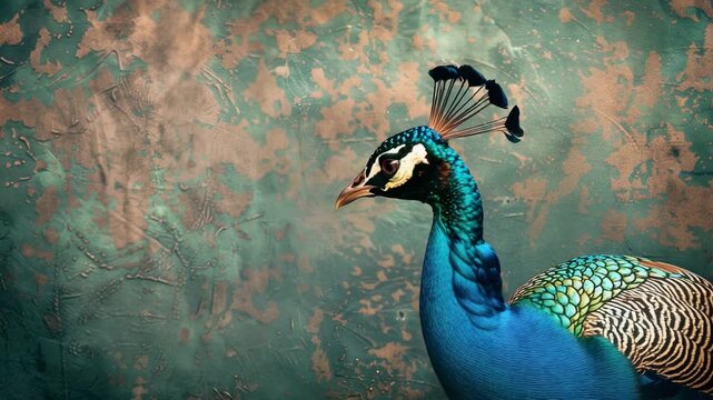 Elegant blue peacock portrait in profile with iridescent plumage against a textured teal and gold wall