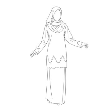 Malaysian Traditional Baju Kurung Woman Line Art Vector Illustration &ndash; Standing Pose 03