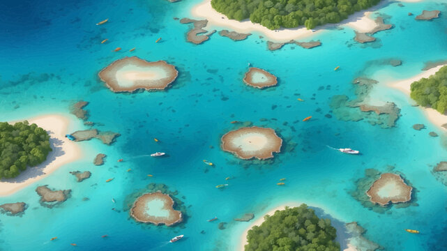 Vibrant tropical sea with boats and islands