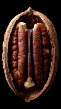 Close-up of a cracked open pecan revealing two large, glossy, brown pecan nuts inside