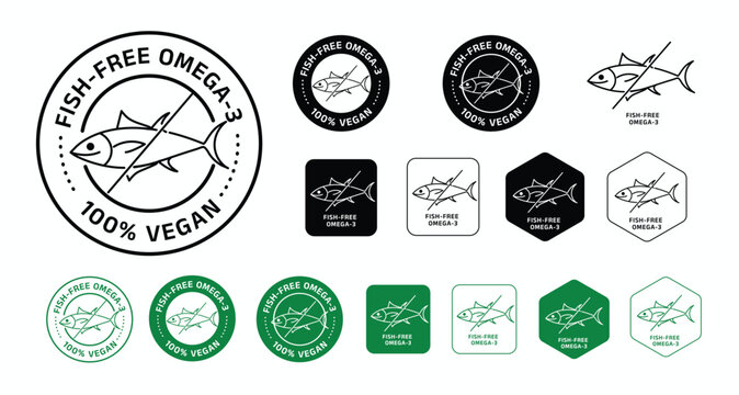 Fish-Free Omega-3 certification badge featuring a crossed fish icon and 100% vegan claim. Ideal for plant-based supplements, algae omega products, vegan foods, and clean-label packaging. vector illust