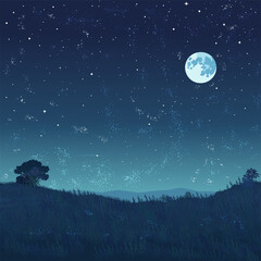 night landscape with moon wallpaper background hand drawn illustration