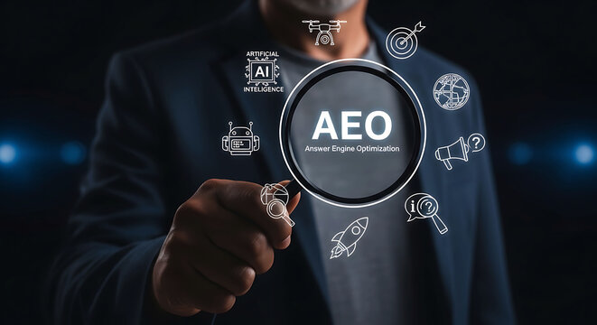 Businessman holding magnifying glass focusing on AEO Answer Engine Optimization AI
