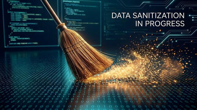 Broom sweeping glowing binary code representing data sanitization in progress and digital cleanup of computer systems