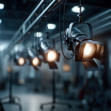 Professional stage studio lighting equipment with spotlights mounted on a curved metal track in a dark theater setting