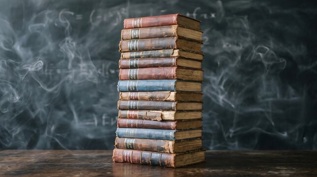A tall stack of aged vintage hardcover books standing upright on a rustic wooden table against a dark blackboard background filled with swirling smoke