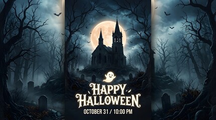 Obraz premium Spooky halloween poster with haunted church and full moon