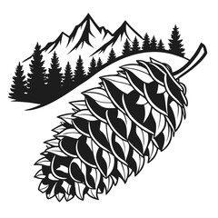 Graphic illustration of pinecone and forest mountain landscape silhouette with pinecone, mountains © AA