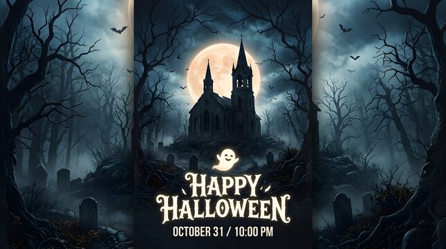 Spooky halloween poster with haunted church and full moon