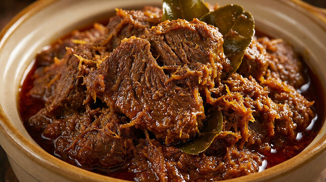 Delicious beef rendang curry in a bowl with bay leaves, Malaysian