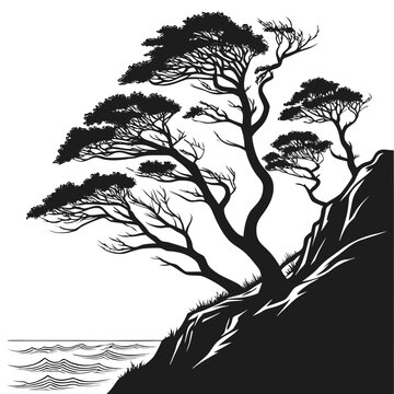 Coastal cliff landscape with pine trees silhouette graphic landscape silhouette illustration