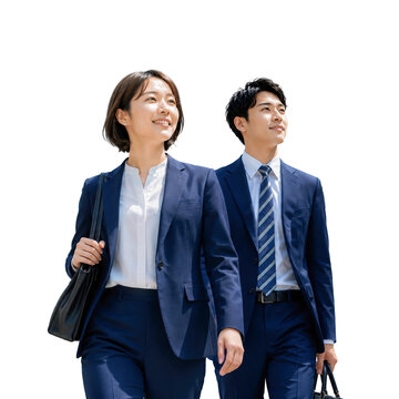 スーツ姿で前向きに歩く男女ビジネスパーソンの透過PNG