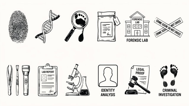 Forensic science investigation crime scene evidence analysis tools icons set