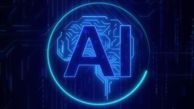 Artificial intelligence animation with blue neon ai brain circuit. Artificial intelligence data logic computer chip background. Artificial intelligence computing.