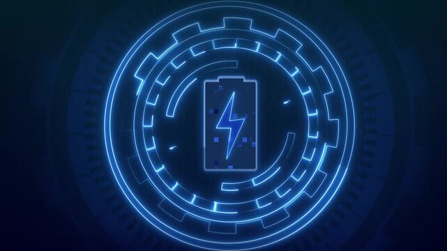 Battery icon animation with lightning bolt power charge symbol. Battery icon blue energy status indicator. Battery icon tech tracking interface circle on black.